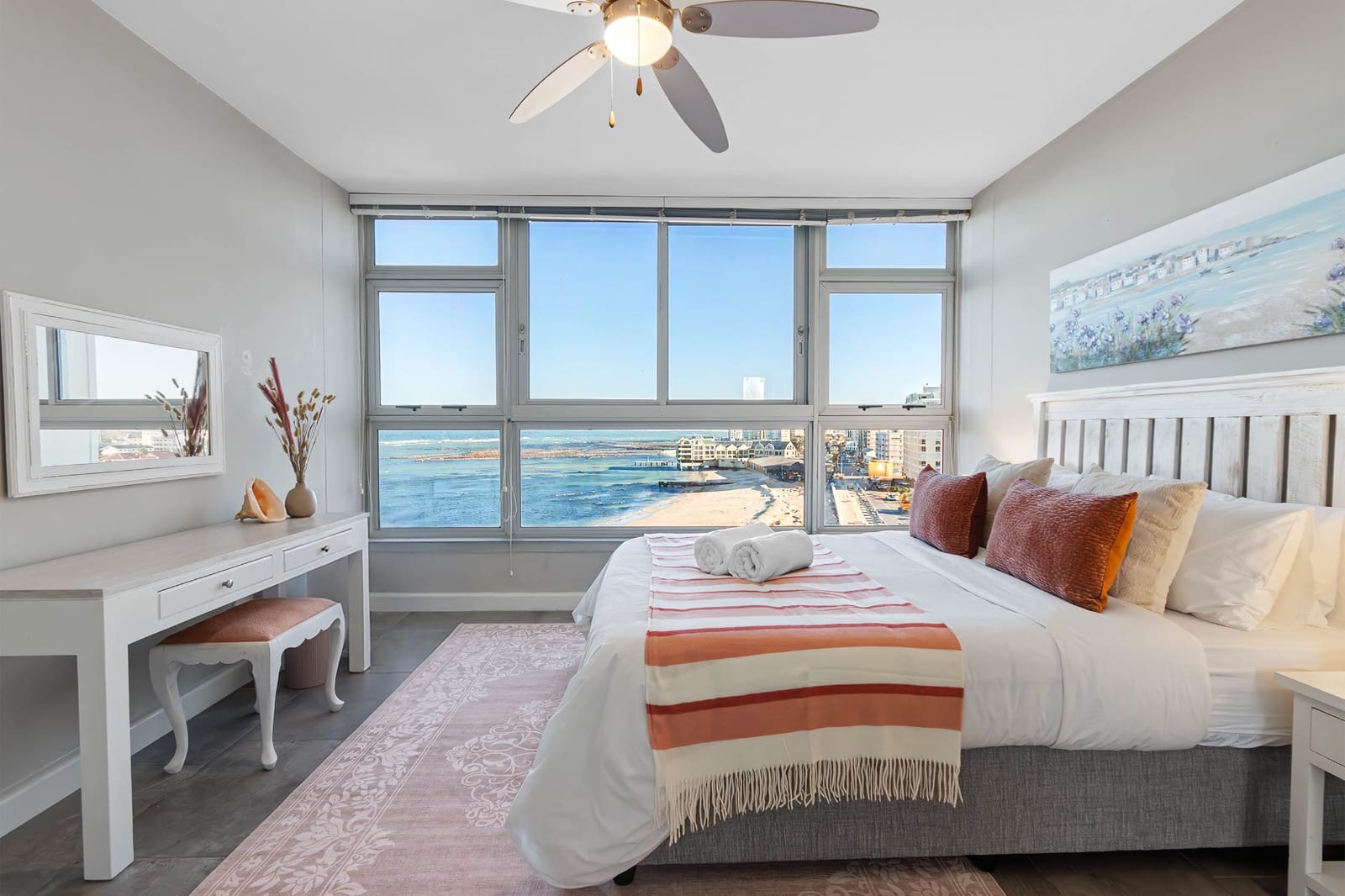 Main bedroom at 810 on Beach overlooking Strand Beach and False Bay